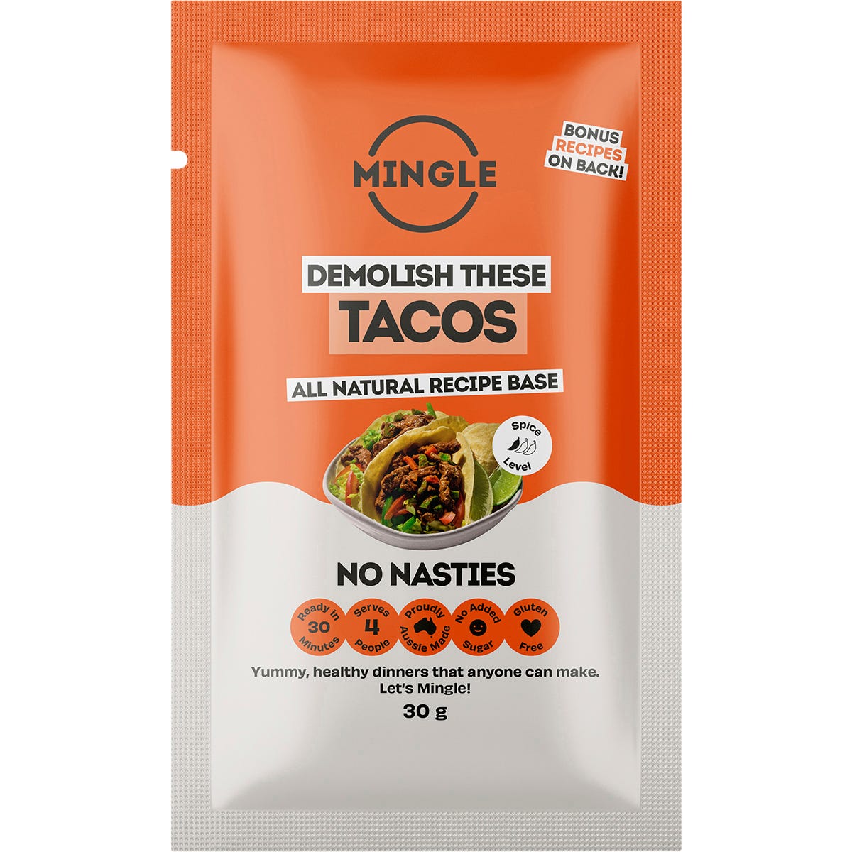 Mingle Tacos All Natural Recipe Base 30g seasoning packet featuring a photo of prepared tacos and fresh ingredients.