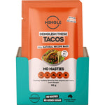 Back of Mingle Tacos Recipe Base 30g sachet with nutrition facts, ingredients, and easy cooking instructions.