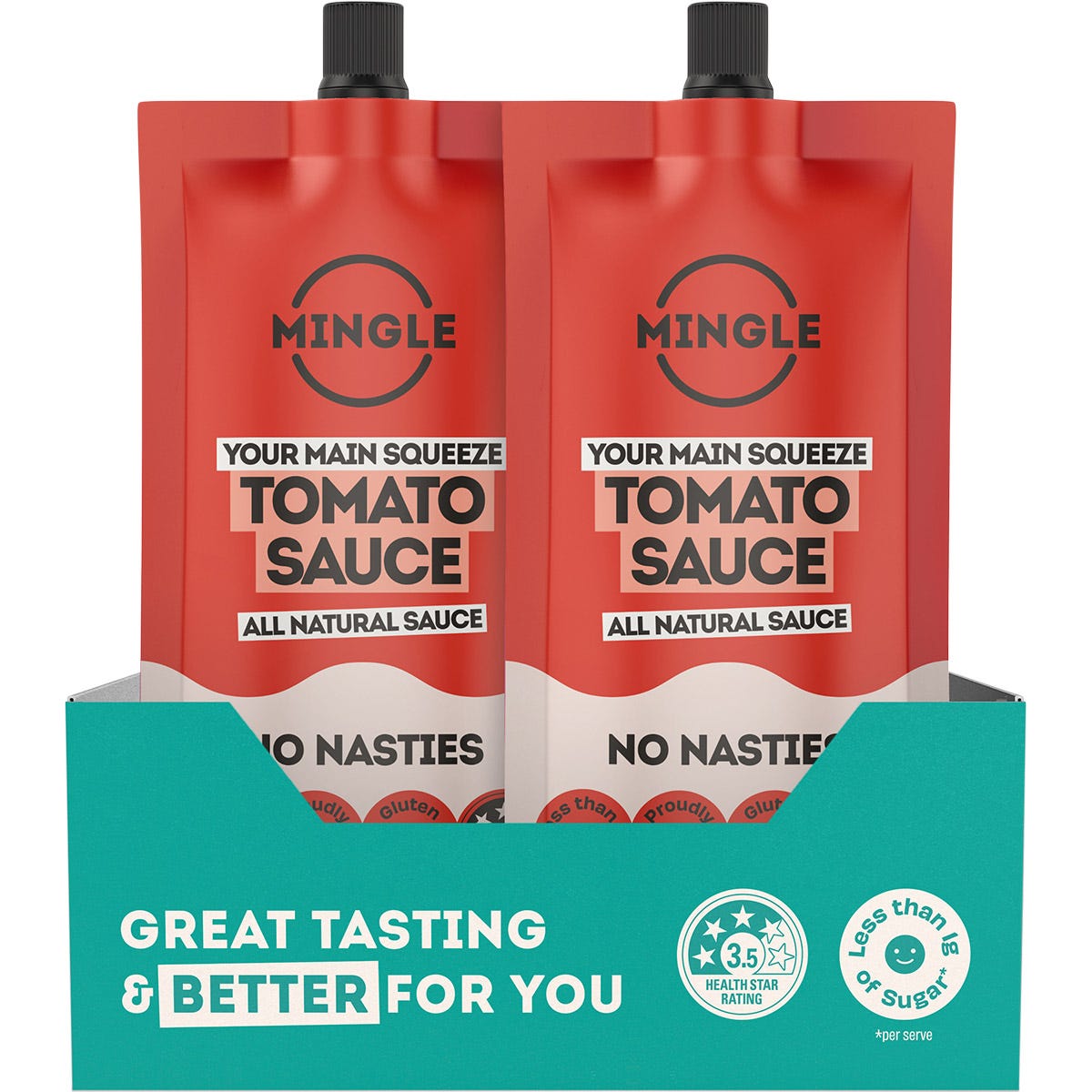Back of Mingle Tomato Sauce 250g pouch with nutrition facts, ingredients, and natural health benefits.