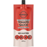 Ten 250g pouches of Mingle Tomato All Natural Sauce arranged in two rows of five on a white background.