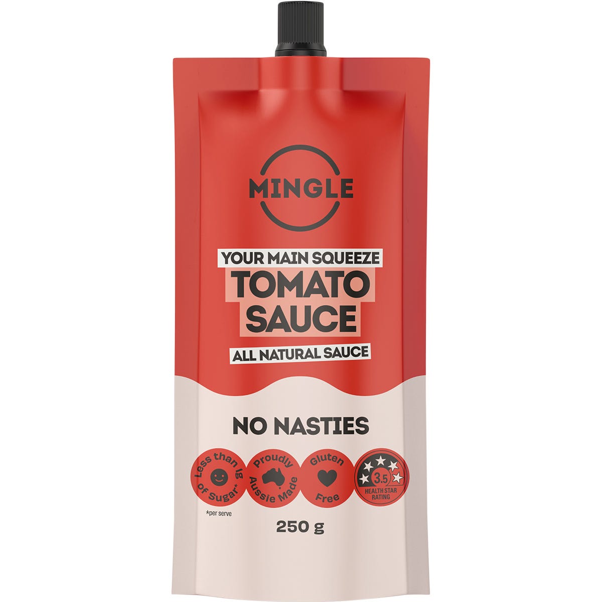 Ten 250g pouches of Mingle Tomato All Natural Sauce arranged in two rows of five on a white background.