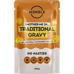 Mingle Traditional All Natural Gravy 170g pouch on a white background with botanical illustrations.