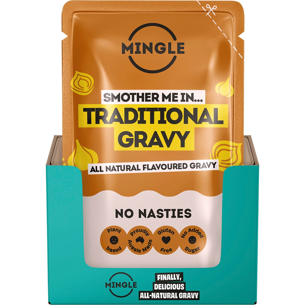 Back of Mingle Traditional Gravy 170g pouch showing nutrition facts, ingredients, and preparation instructions.