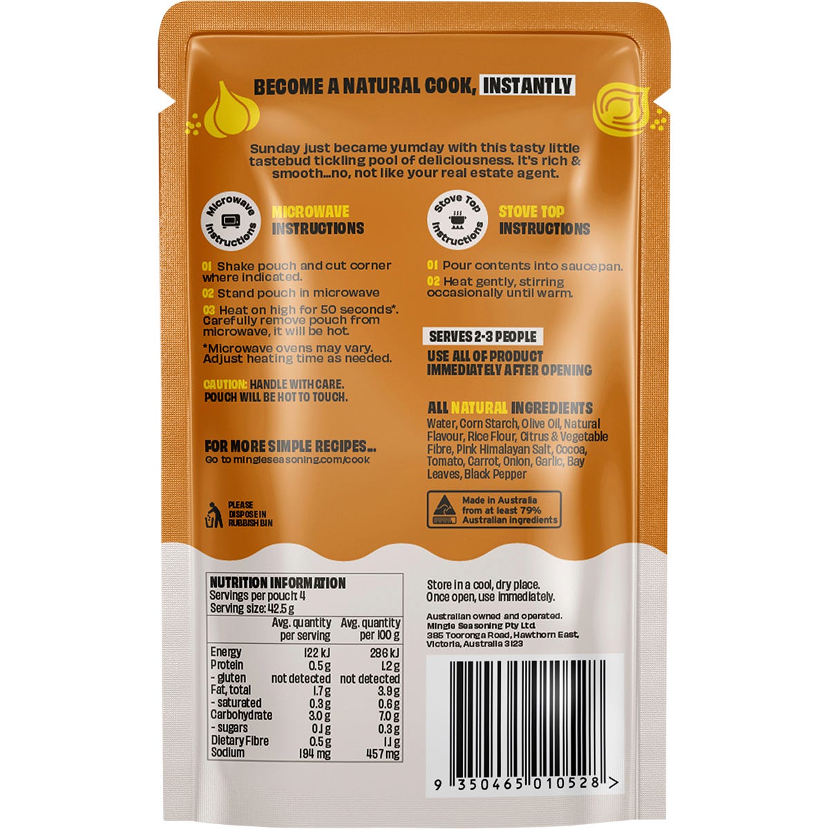 Mingle Traditional All Natural Gravy 170g pouch showing botanical illustrations of carrots, onions, and garlic.