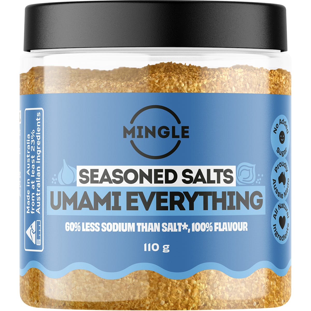 Mingle Umami Everything Seasoned Salts 110g shaker bottle featuring natural ingredients for a savory flavor boost.