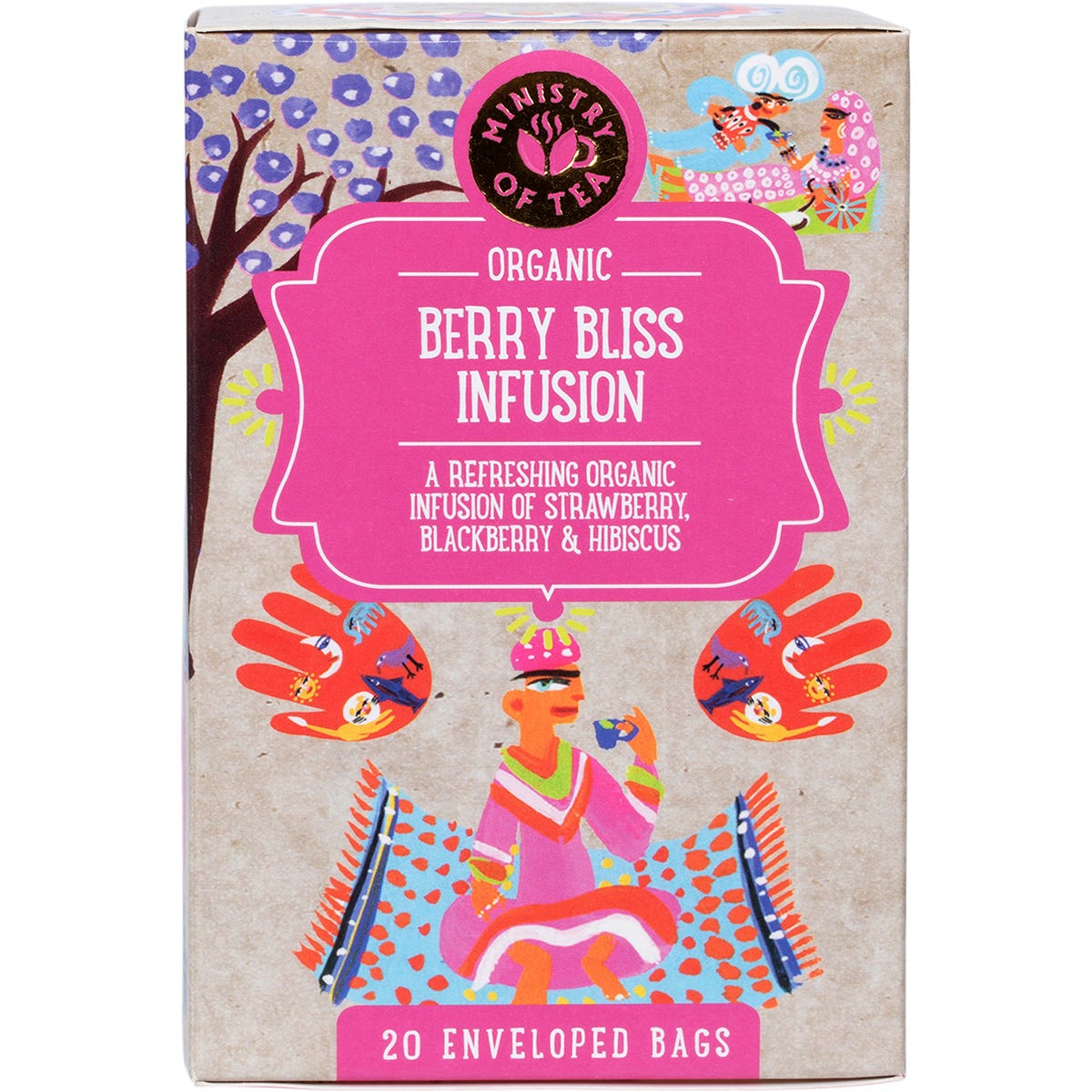 Box of 20 Ministry of Tea Organic Berry Bliss Infusion tea bags featuring colorful berry and floral illustrations.