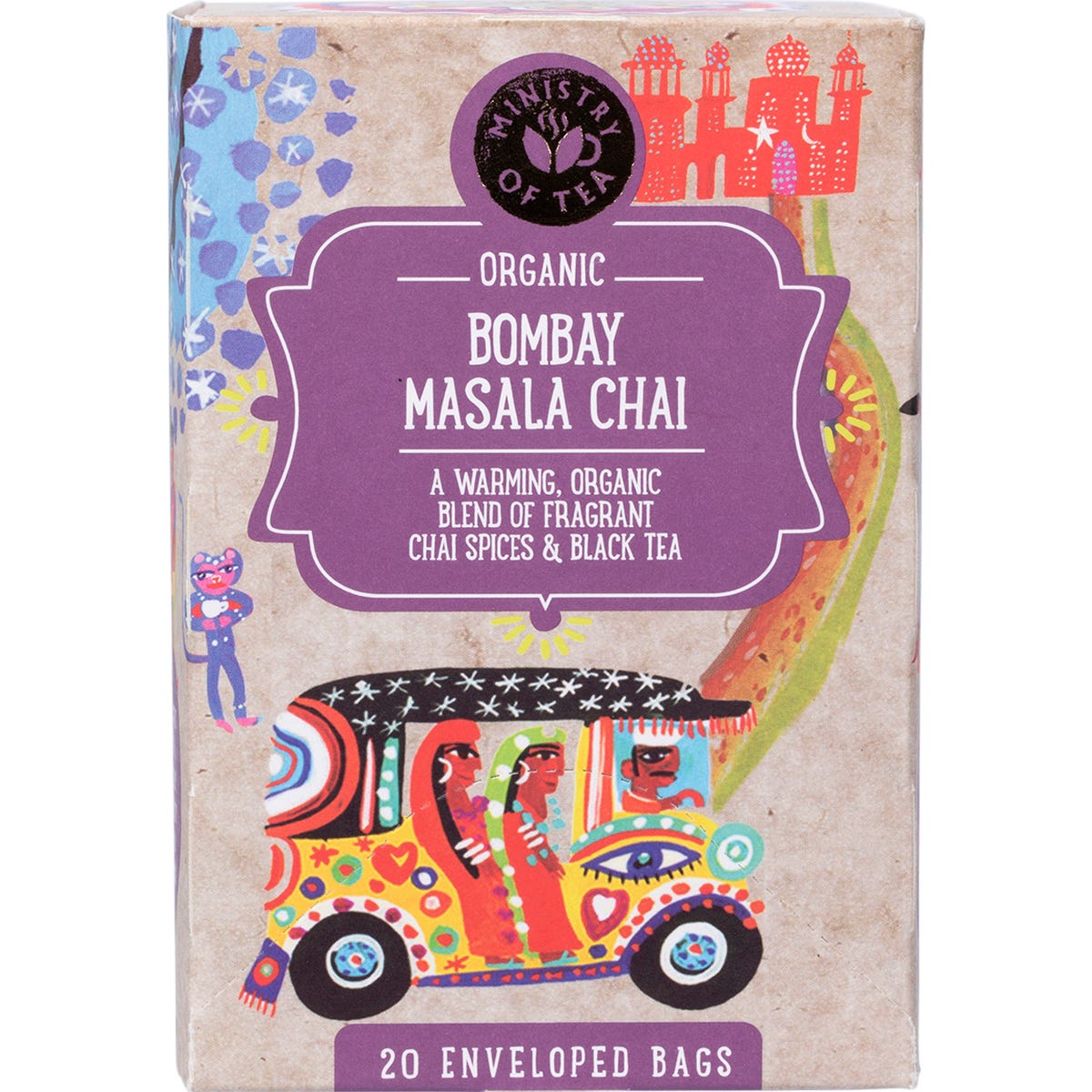 Ministry of Tea Bombay Masala Chai 20-pack box with vibrant illustrations of an Indian street scene and a tea cup.