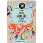Ministry of Tea Organic Decaf Green Tea 20-pack box featuring a green design with an illustrated teapot and tea leaves.