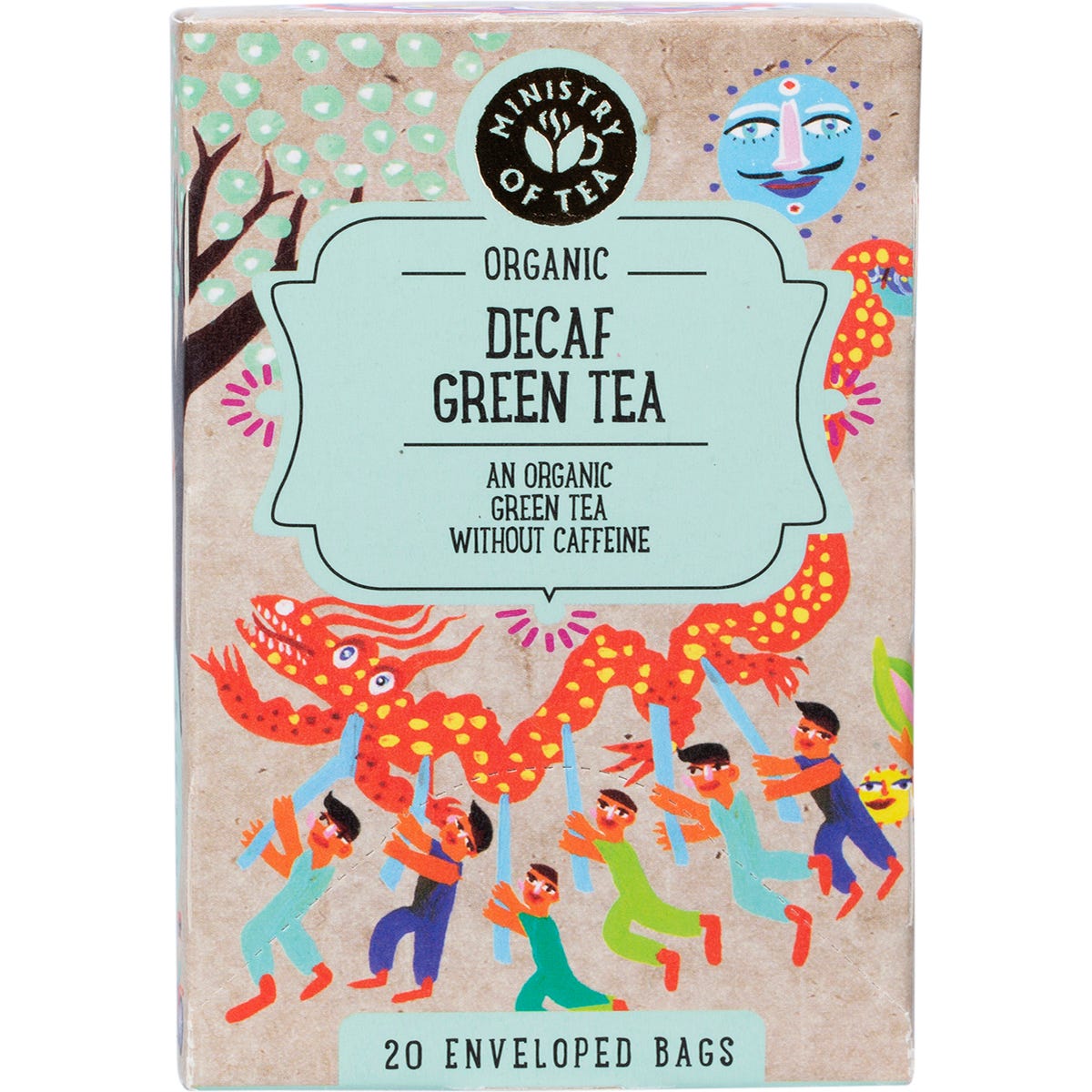 Ministry of Tea Organic Decaf Green Tea 20-pack box featuring a green design with an illustrated teapot and tea leaves.