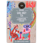 Box of 25 Ministry of Tea Organic Earl Grey tea bags with a blue and white design featuring floral illustrations.