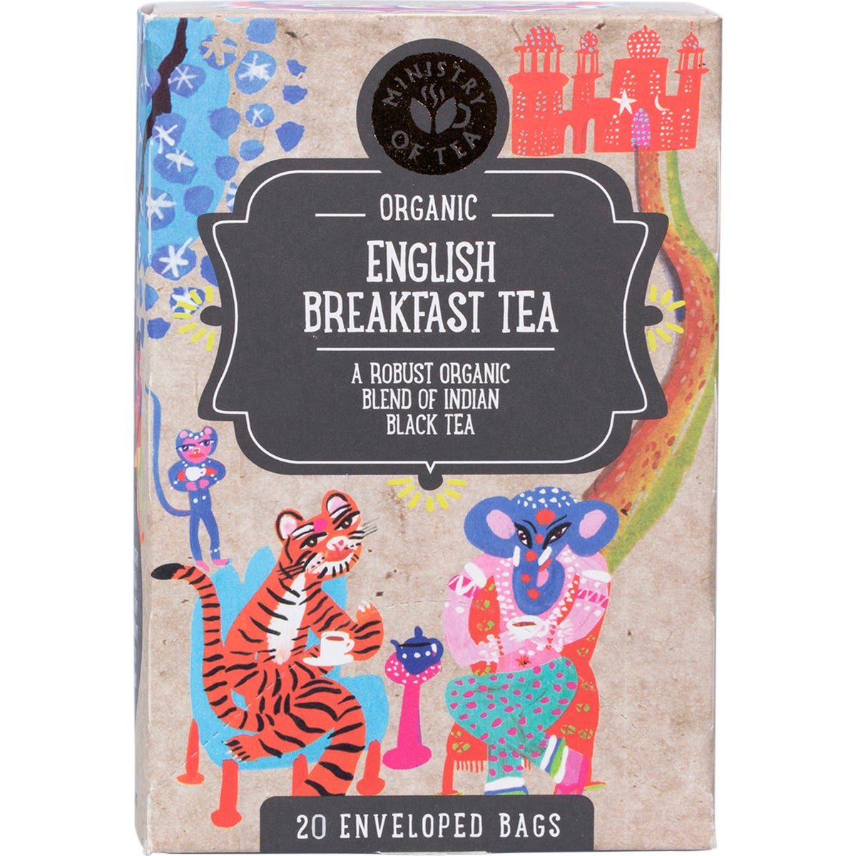 Ministry of Tea Organic English Breakfast Tea box featuring a colorful illustration of a person and tea leaves.