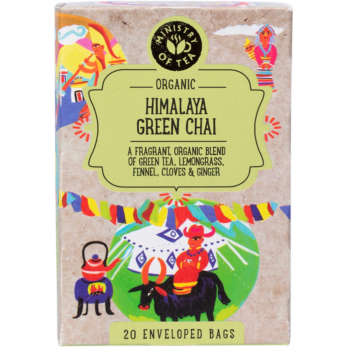 20-pack of Ministry of Tea Organic Himalaya Green Chai tea bags featuring a zesty blend of green tea and spices.