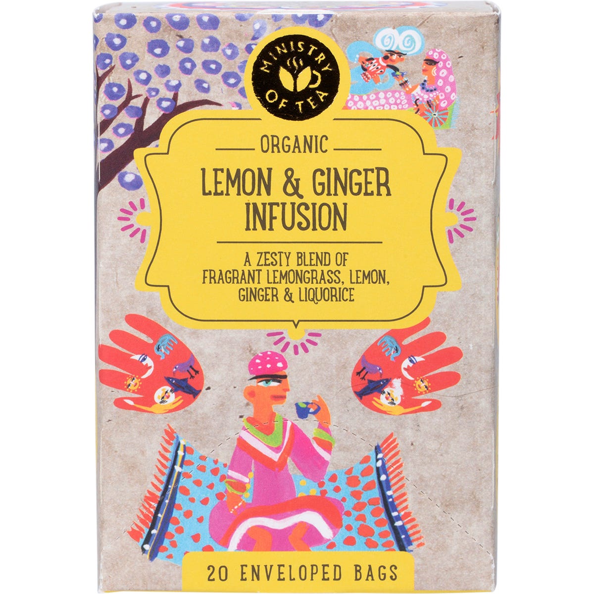 Ministry of Tea Organic Lemon & Ginger Infusion 20-pack tea box featuring yellow and blue illustrations on a white background.