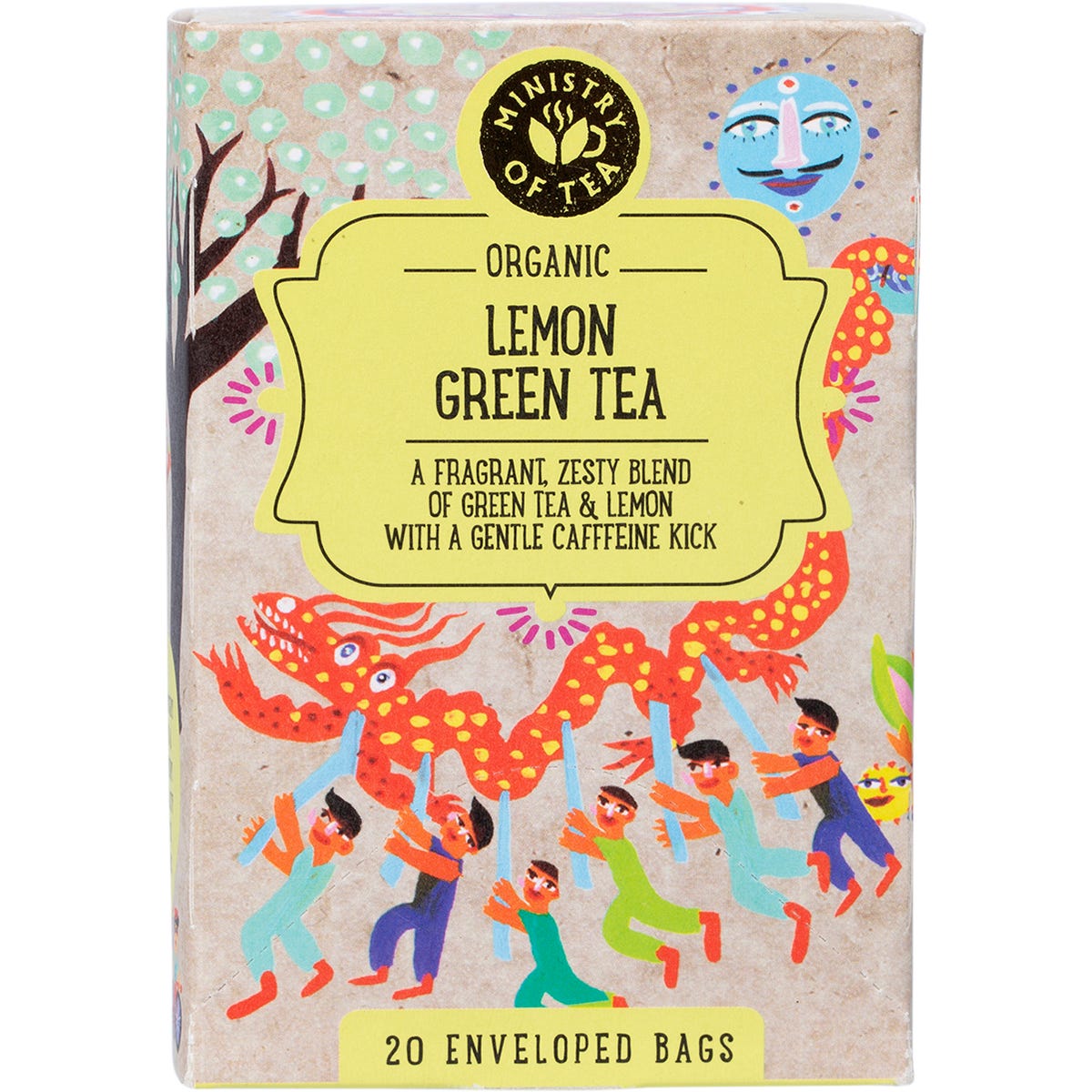 Box of 20 Ministry of Tea Organic Lemon Green Tea bags featuring a yellow and green design with lemon illustrations.