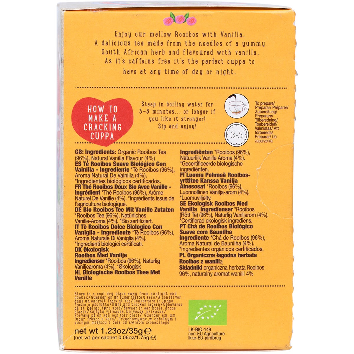 Ministry of Tea Mellow Vanilla Rooibos box with 20 tea bags and a colorful botanical design on a white background.