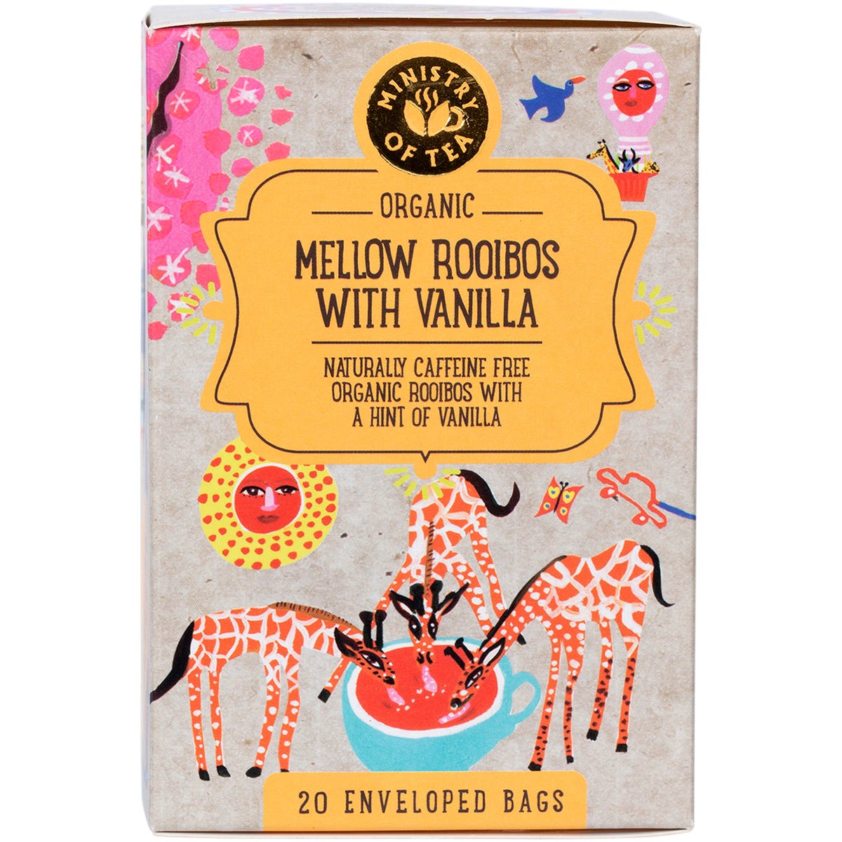 Ministry of Tea Organic Mellow Rooibos with Vanilla box featuring 20 tea bags and a colorful botanical illustration.