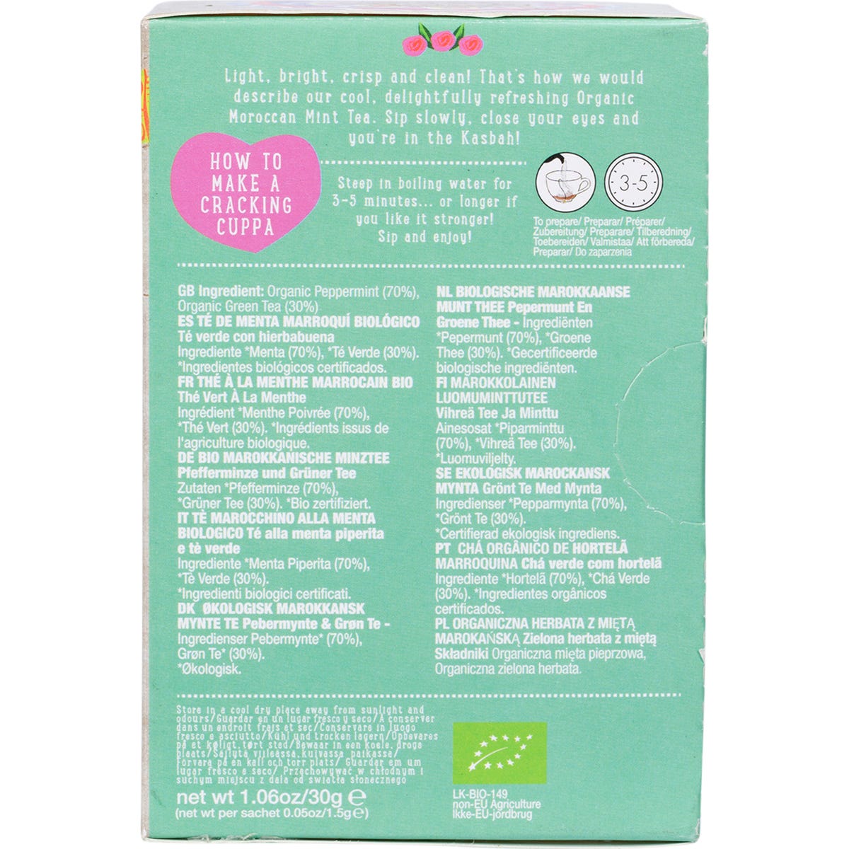 Ministry of Tea Organic Moroccan Mint Tea 20-pack box with a blue and white design on a white background.