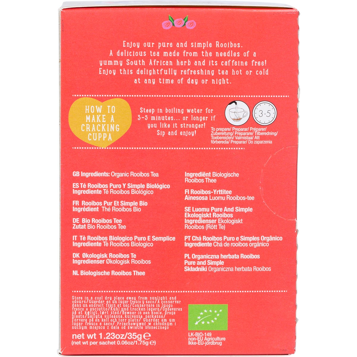 Ministry of Tea Organic Rooibos 20 tea bags box with a blue and red botanical design and a tea cup illustration.