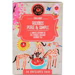 Ministry of Tea Organic Rooibos Pure and Simple tea bags 20 pack box with a blue and red botanical design.