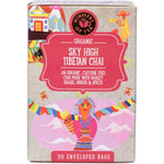 Box of 20 Ministry of Tea Organic Sky High Tibetan Chai tea bags with a mountain-themed illustration on a brown background.