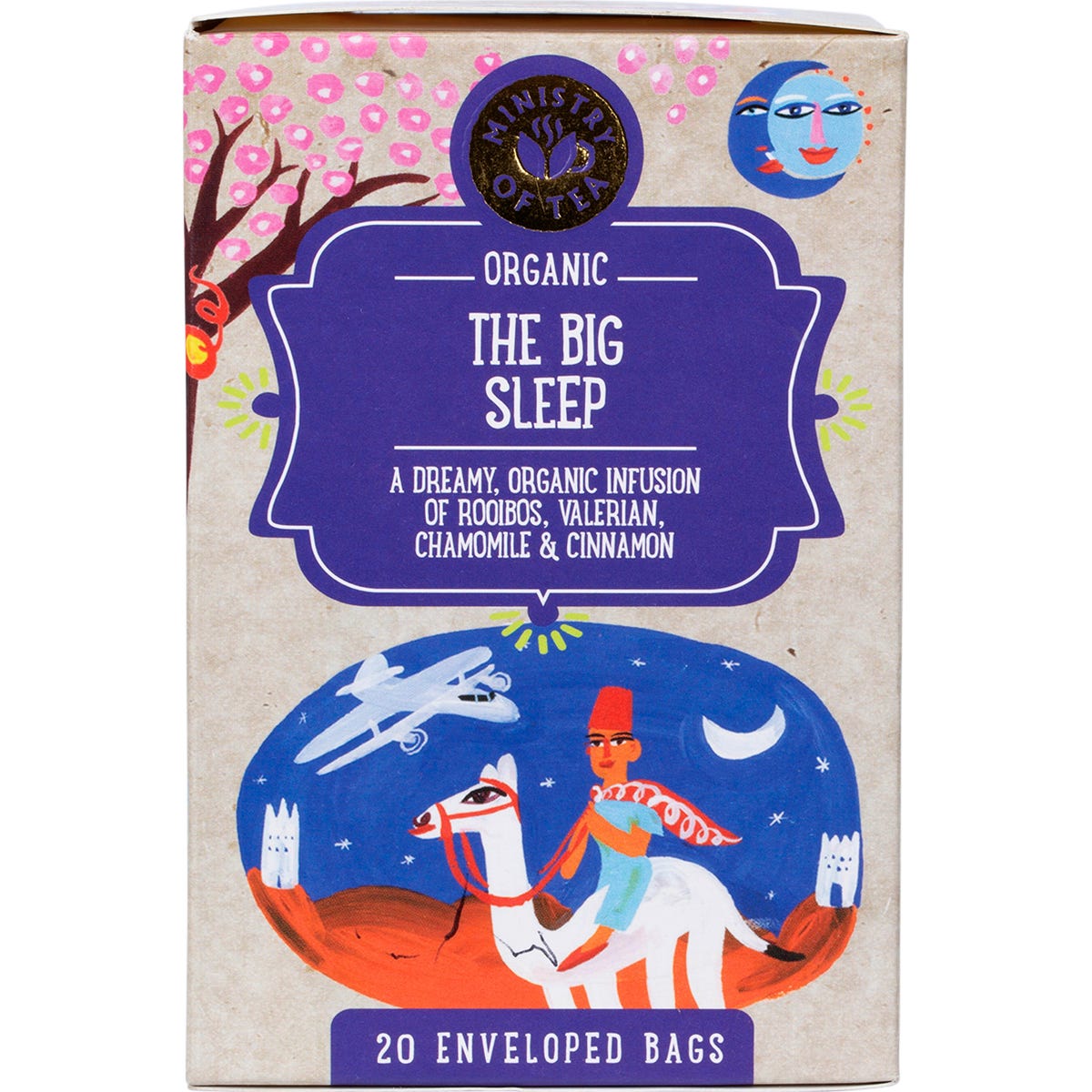 Ministry of Tea Organic The Big Sleep 20 pack tea bag box with a colorful illustration of a person sleeping on a moon.