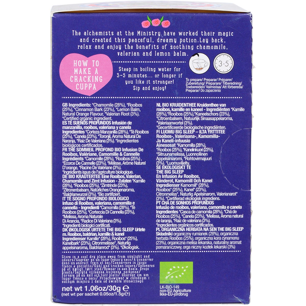Ministry of Tea Organic The Big Sleep 20 pack tea bag box featuring a person sleeping on a crescent moon.