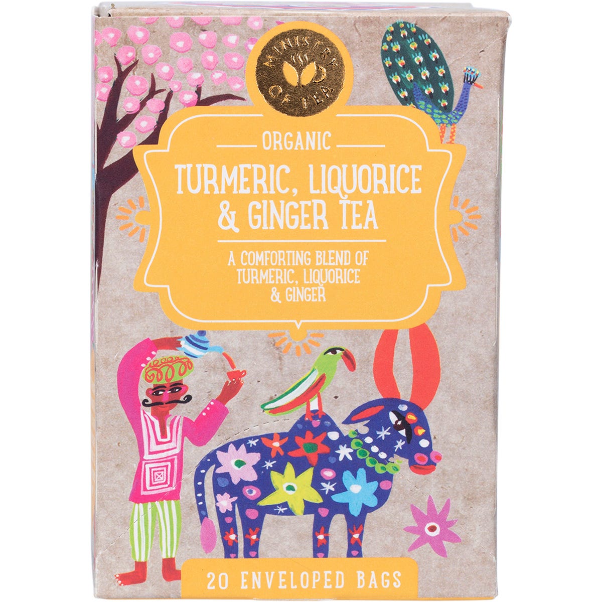 Box of 20 Ministry of Tea organic turmeric, liquorice, and ginger tea bags with a colorful, illustrated label.