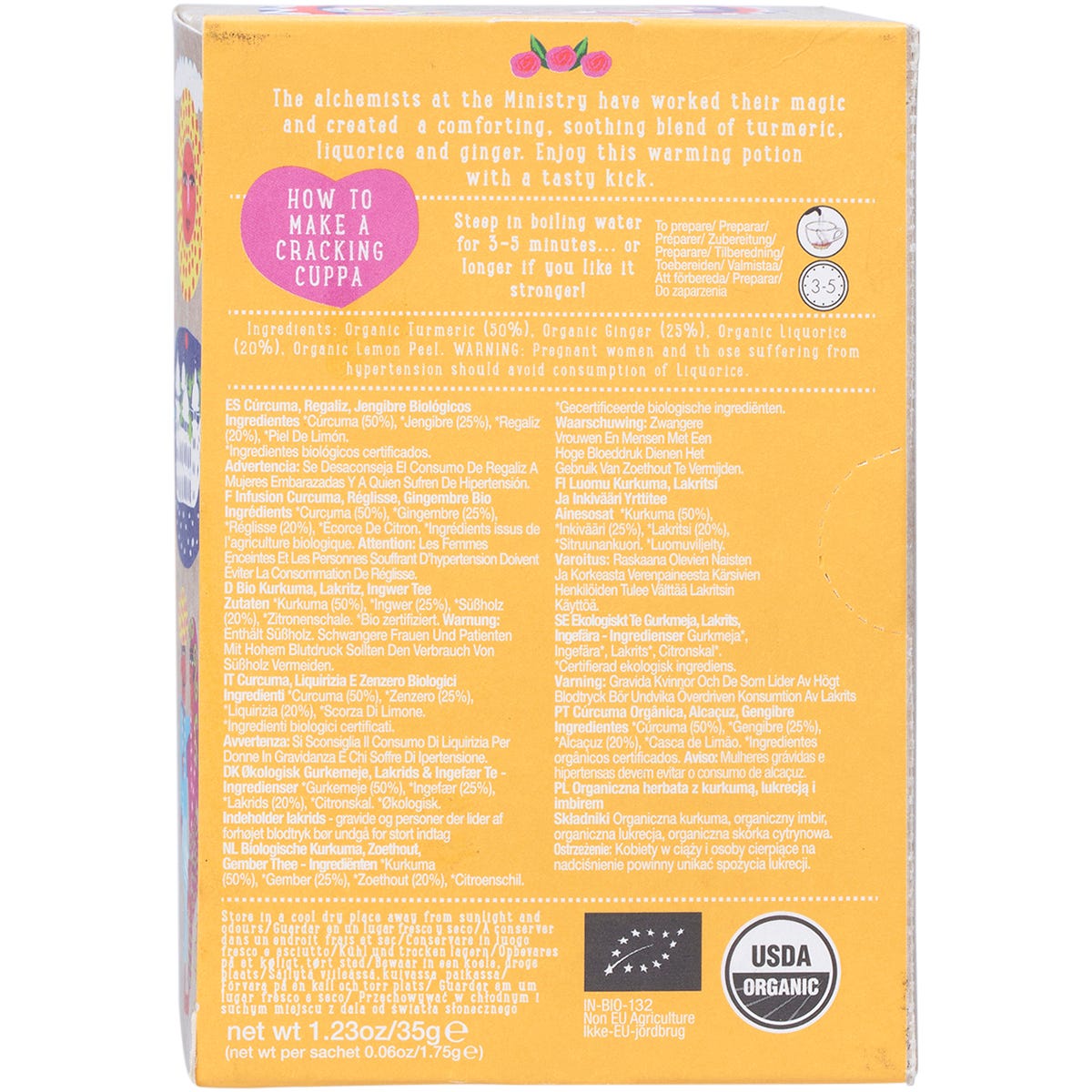 Ministry of Tea Organic Turmeric, Liquorice and Ginger tea box with 20 tea bags and colorful illustrated labels.