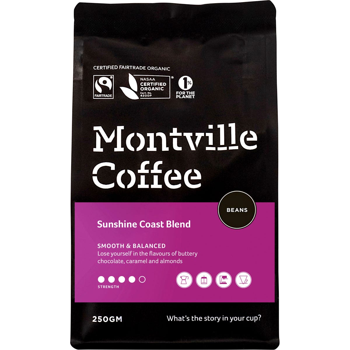 250g bag of Montville Coffee Sunshine Coast Blend organic coffee beans with white, blue, and gold labeling.