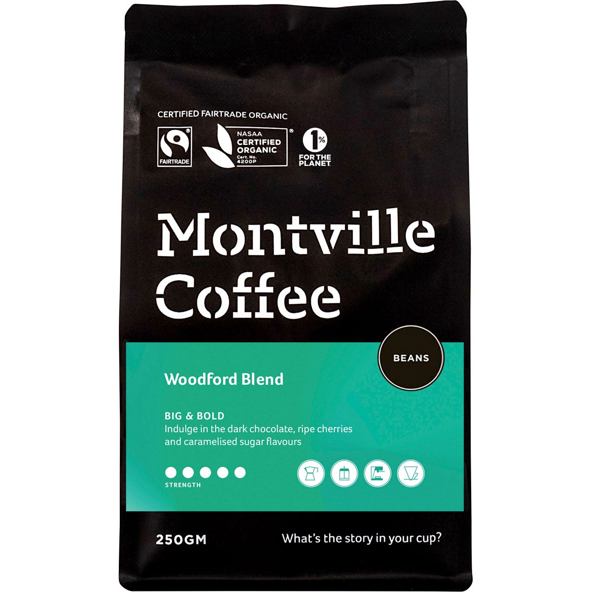 250g bag of Montville Coffee Woodford Blend whole beans, certified organic and Fairtrade with dark chocolate notes.