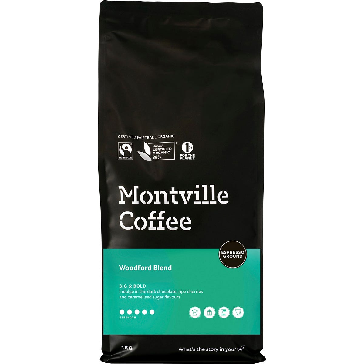 1kg bag of Montville Coffee Woodford Blend ground espresso, certified organic and Fairtrade, on a white background.