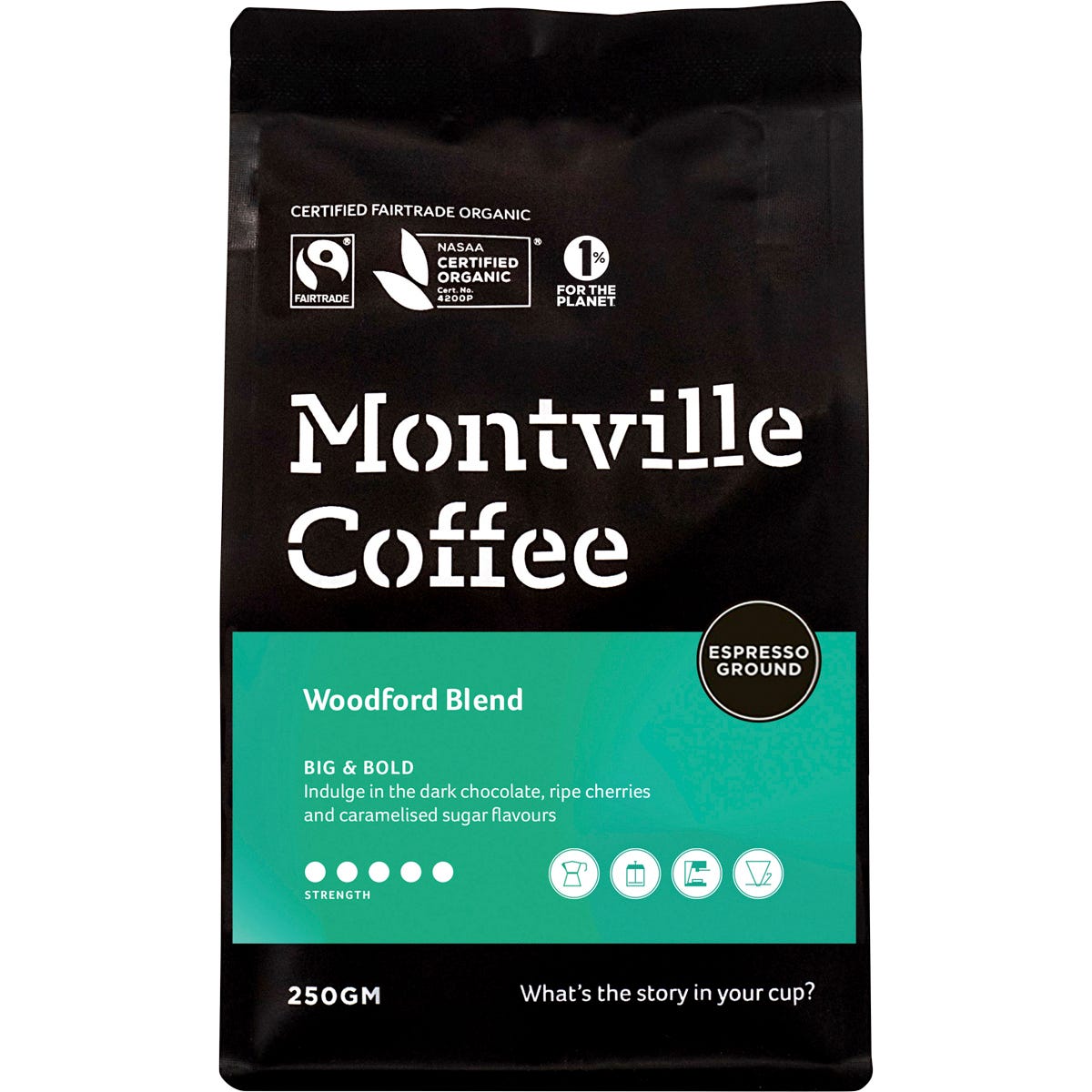 250g bag of Montville Coffee Woodford Blend ground espresso with dark chocolate and ripe cherry tasting notes.