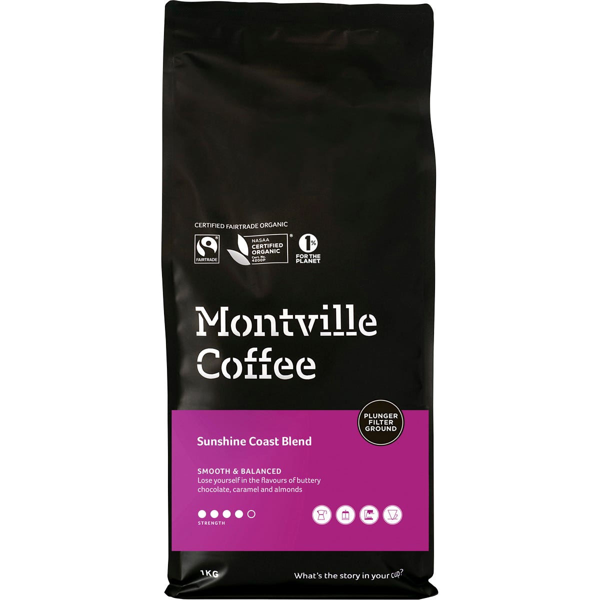 1kg bag of Montville Coffee Sunshine Coast Blend, ground for plunger, with organic and Fairtrade logos.