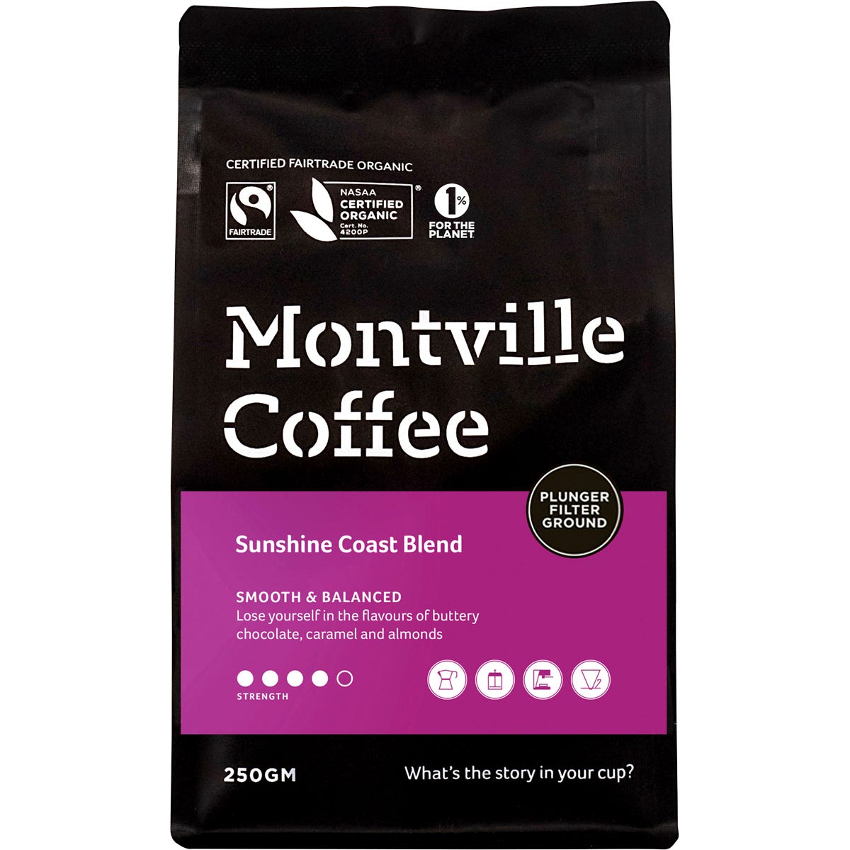 250g bag of Montville Coffee Sunshine Coast Blend, organic and fair trade ground coffee for plunger and filter brewing.