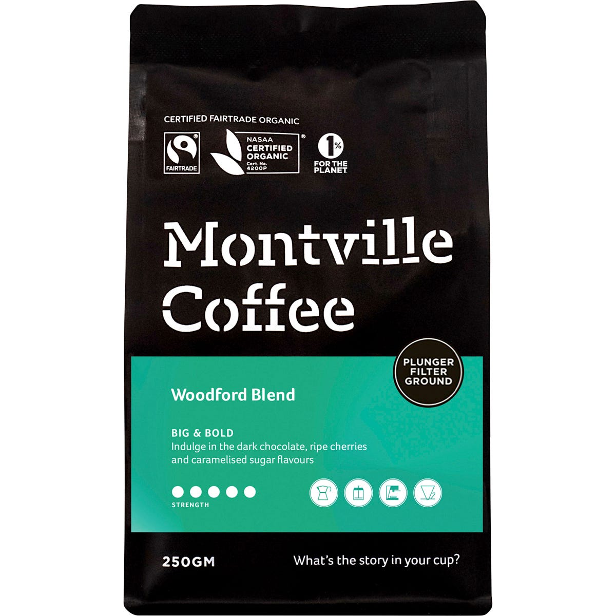 250g bag of Montville Coffee Woodford Blend ground for plunger, certified organic and Fairtrade, on a white background.