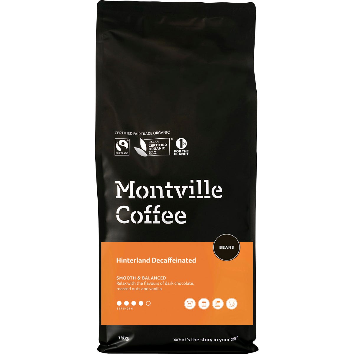 1kg bag of Montville Coffee Decaf Hinterland Blend beans with organic and Fairtrade logos on a white background.