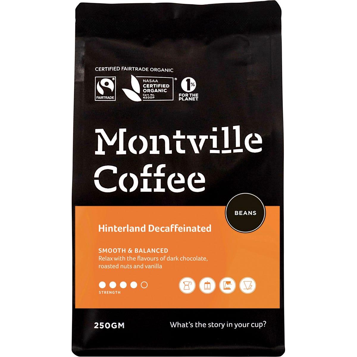 250g bag of Montville Coffee Decaf Hinterland Blend whole beans with a green and white organic label.