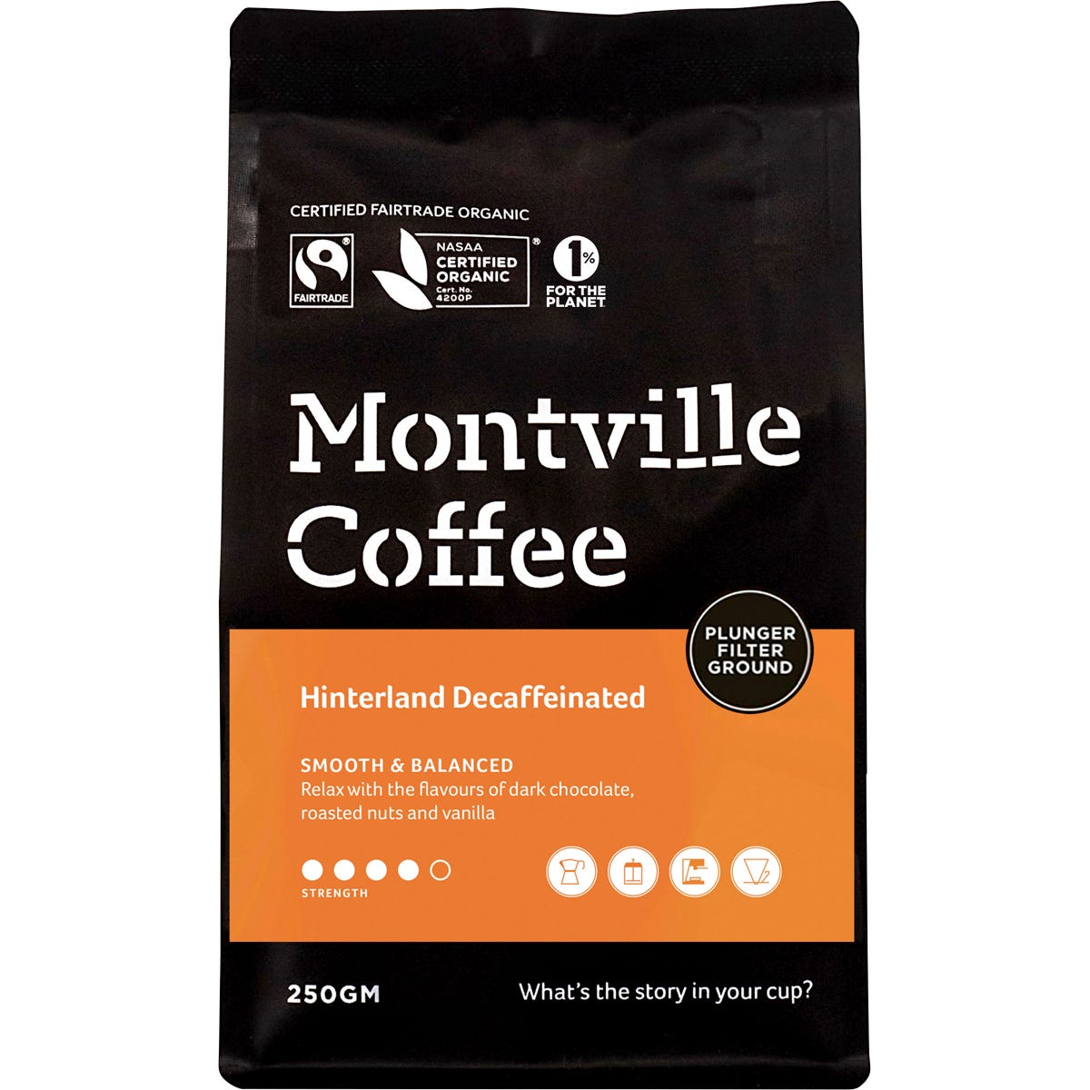 250g bag of Montville Coffee Decaf Hinterland Blend ground for plunger, certified organic and Fairtrade.