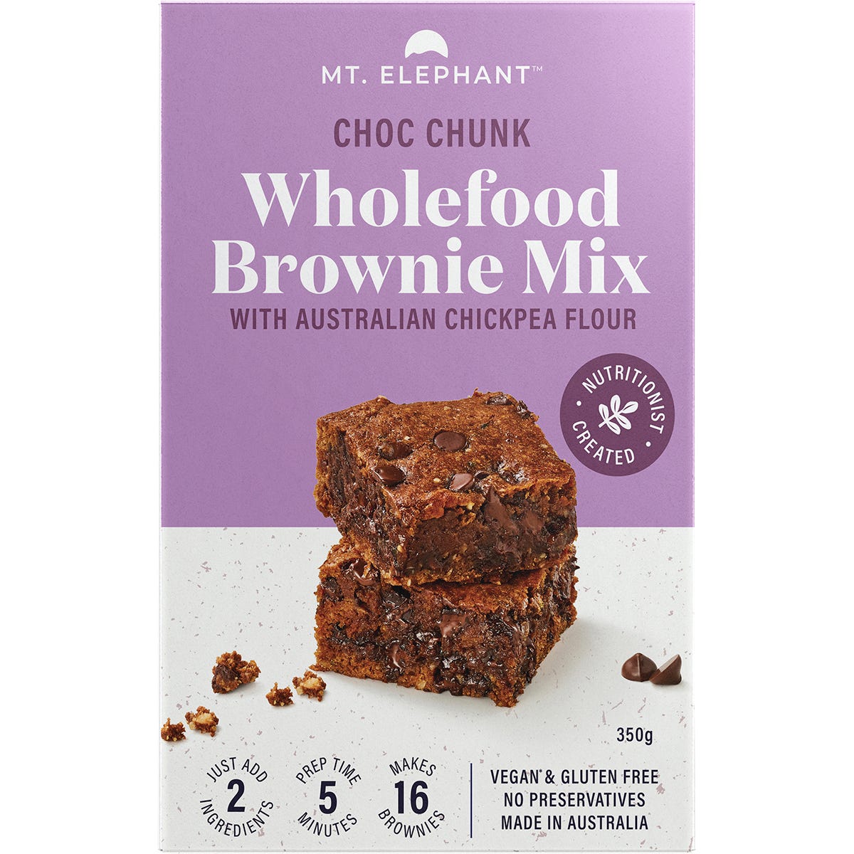 Mt. Elephant Choc Chunk Wholefood Brownie Mix 350g box with a stack of brownies and chocolate pieces.