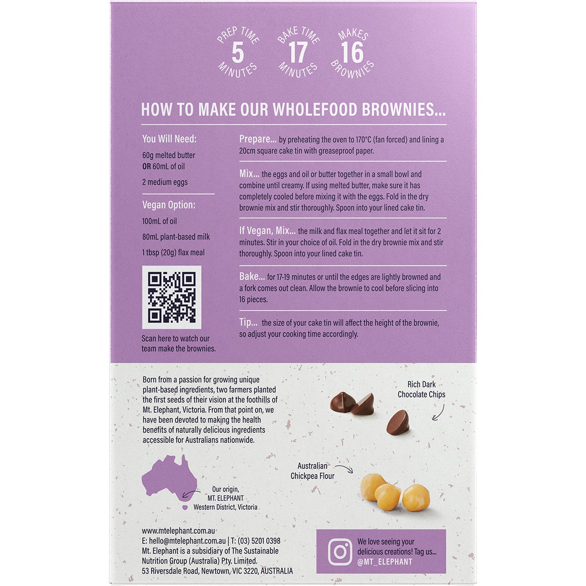 Mt. Elephant Choc Chunk Wholefood Brownie Mix 350g box with nutritional labels and a stack of brownies on the side.