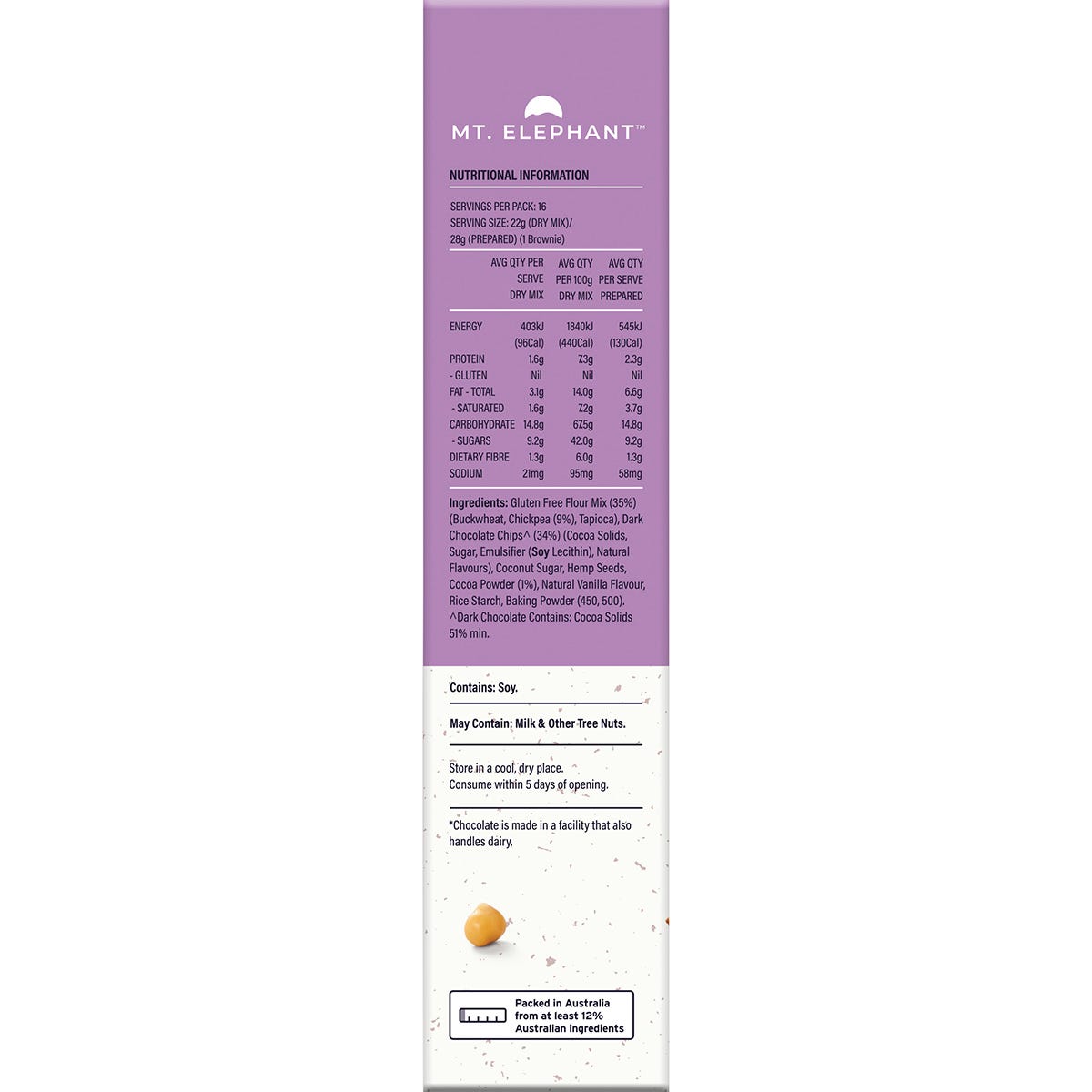 Side view of Mt. Elephant Choc Chunk Brownie Mix 350g box showing product features and a gluten-free logo.