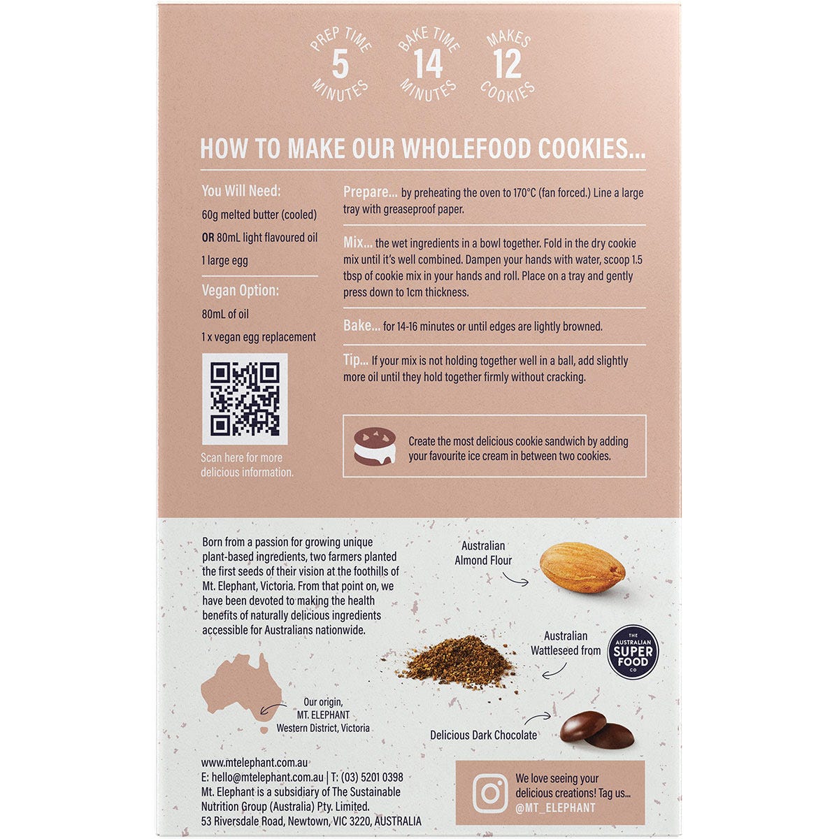 Back of Mt. Elephant 375g Chocolate Chip Cookie Mix bag showing nutritional information, ingredients, and directions.
