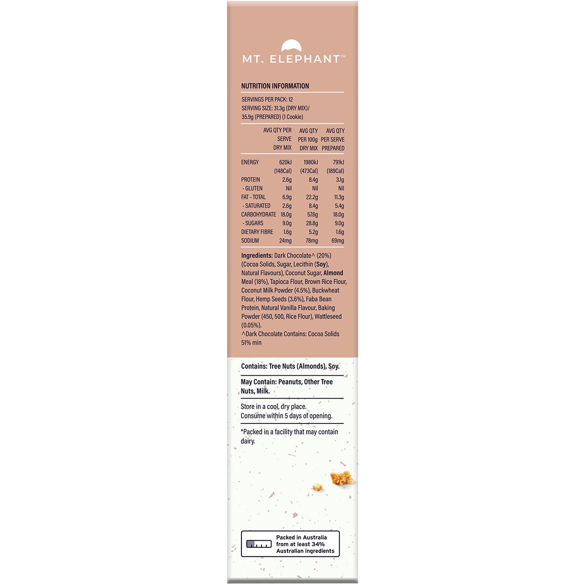 Side view of a Mt. Elephant Chocolate Chip Cookie Mix bag highlighting the gluten-free and plant-based features.