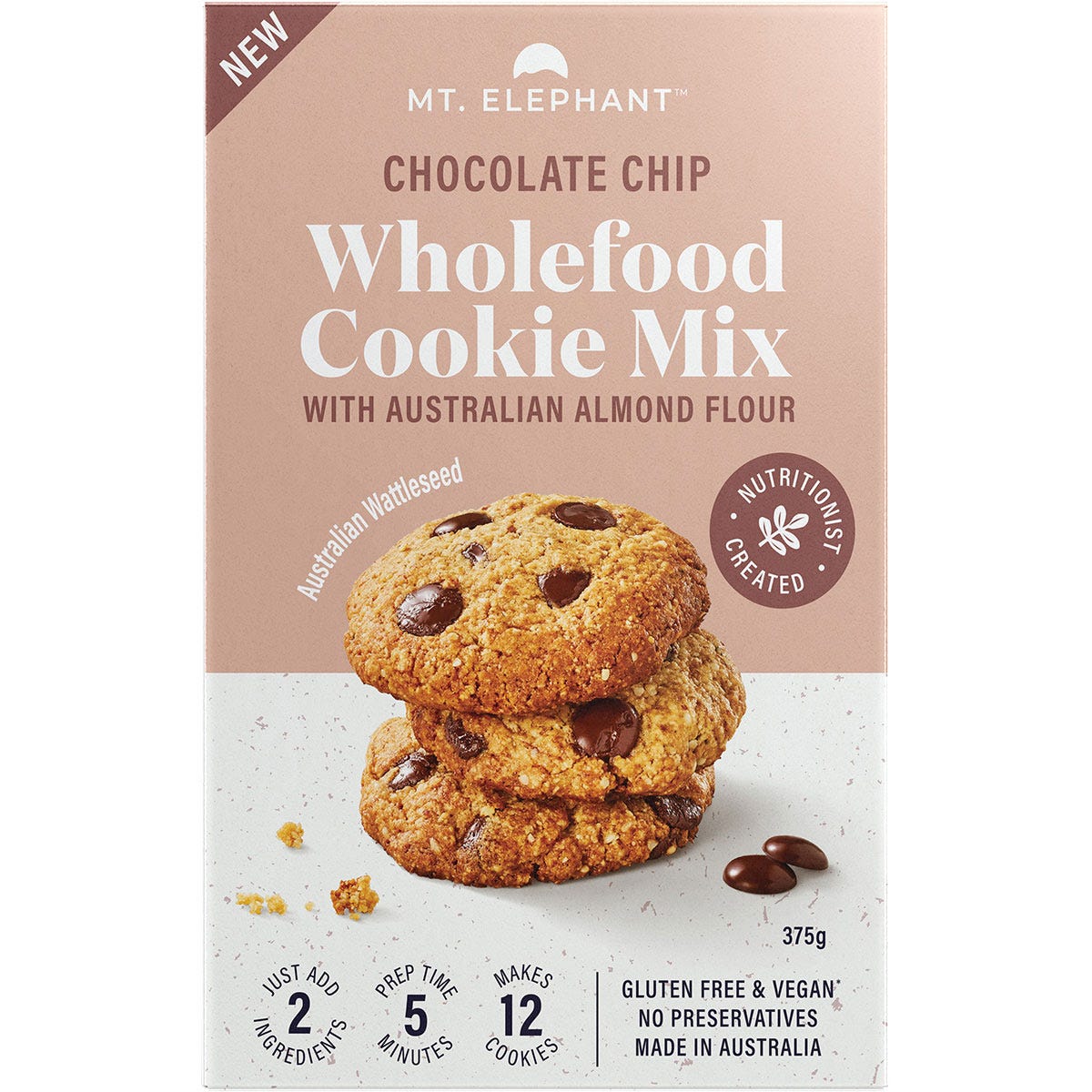 Mt. Elephant Chocolate Chip Wholefood Cookie Mix 375g bag with a finished cookie and hemp leaf illustration.