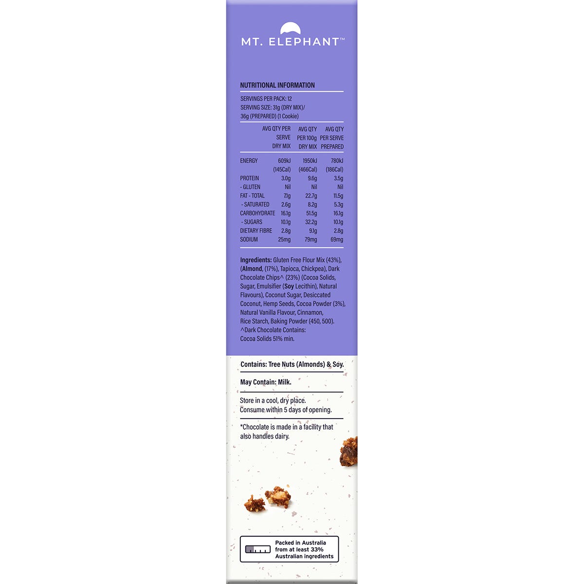 Back of Mt. Elephant Double Choc Cookie Mix 375g box with nutrition facts, ingredients, and baking instructions.