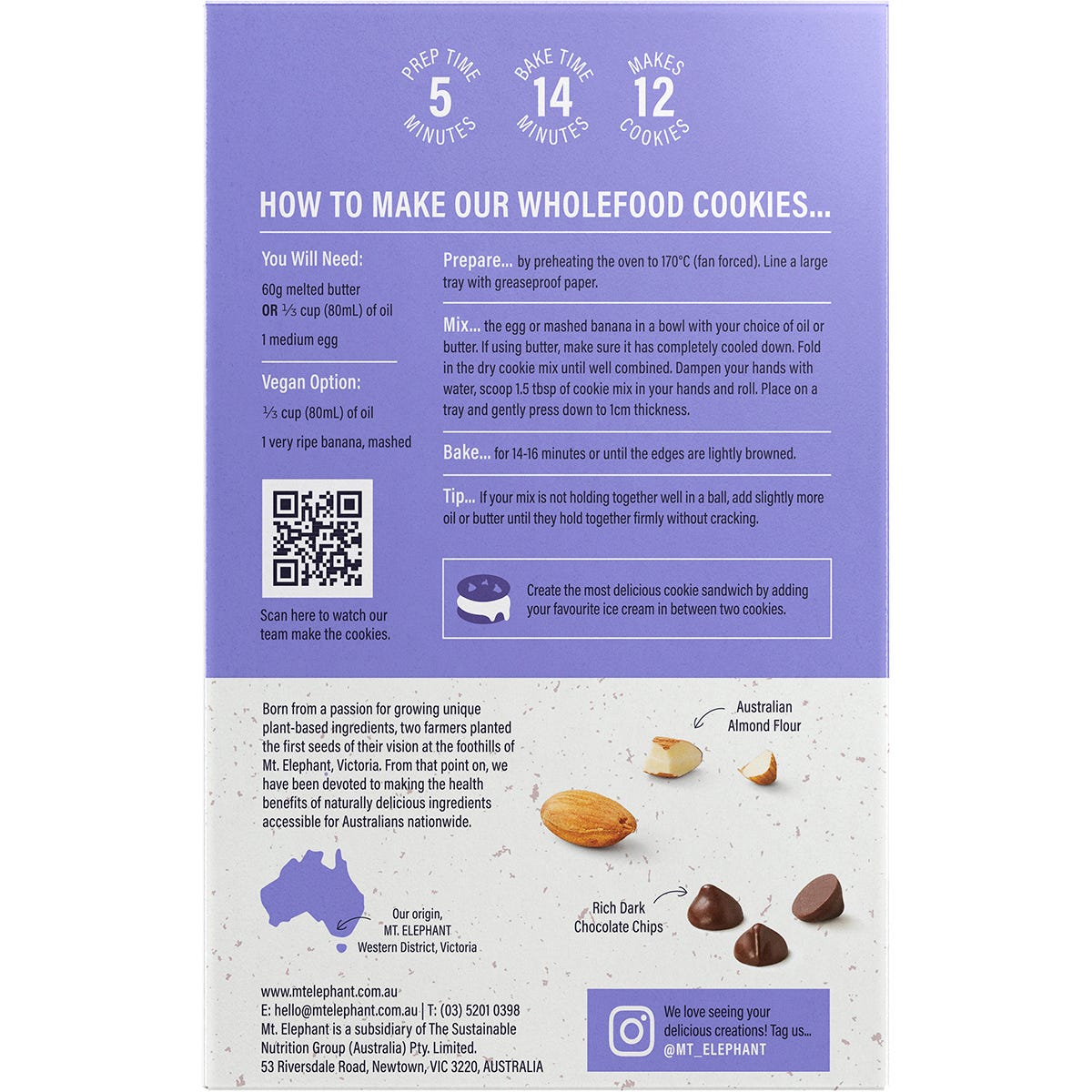 Mt. Elephant Double Choc Wholefood Cookie Mix 375g box featuring a rich chocolate cookie and plant-based ingredients.