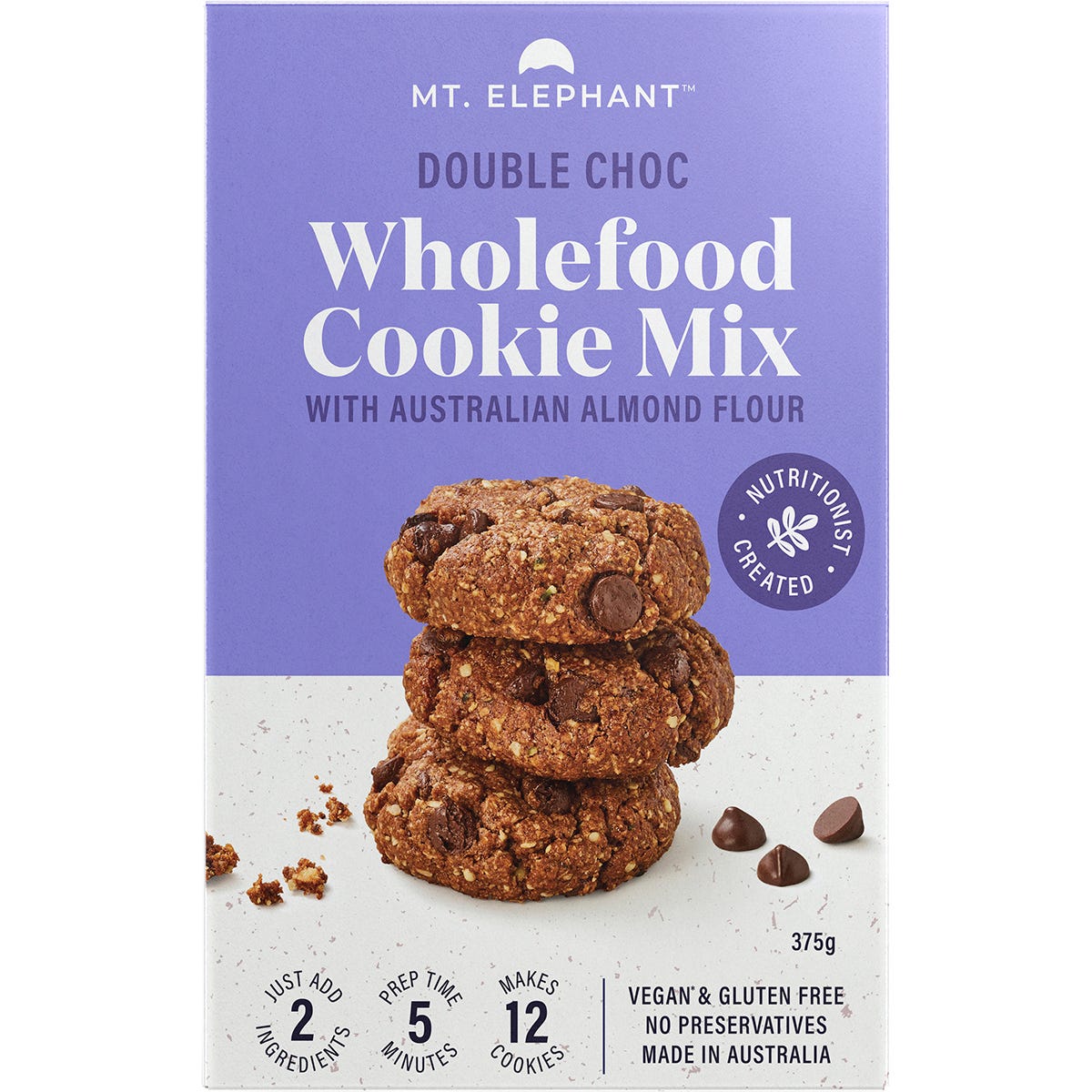 Mt. Elephant Double Choc Wholefood Cookie Mix 375g pack of five on a white background.