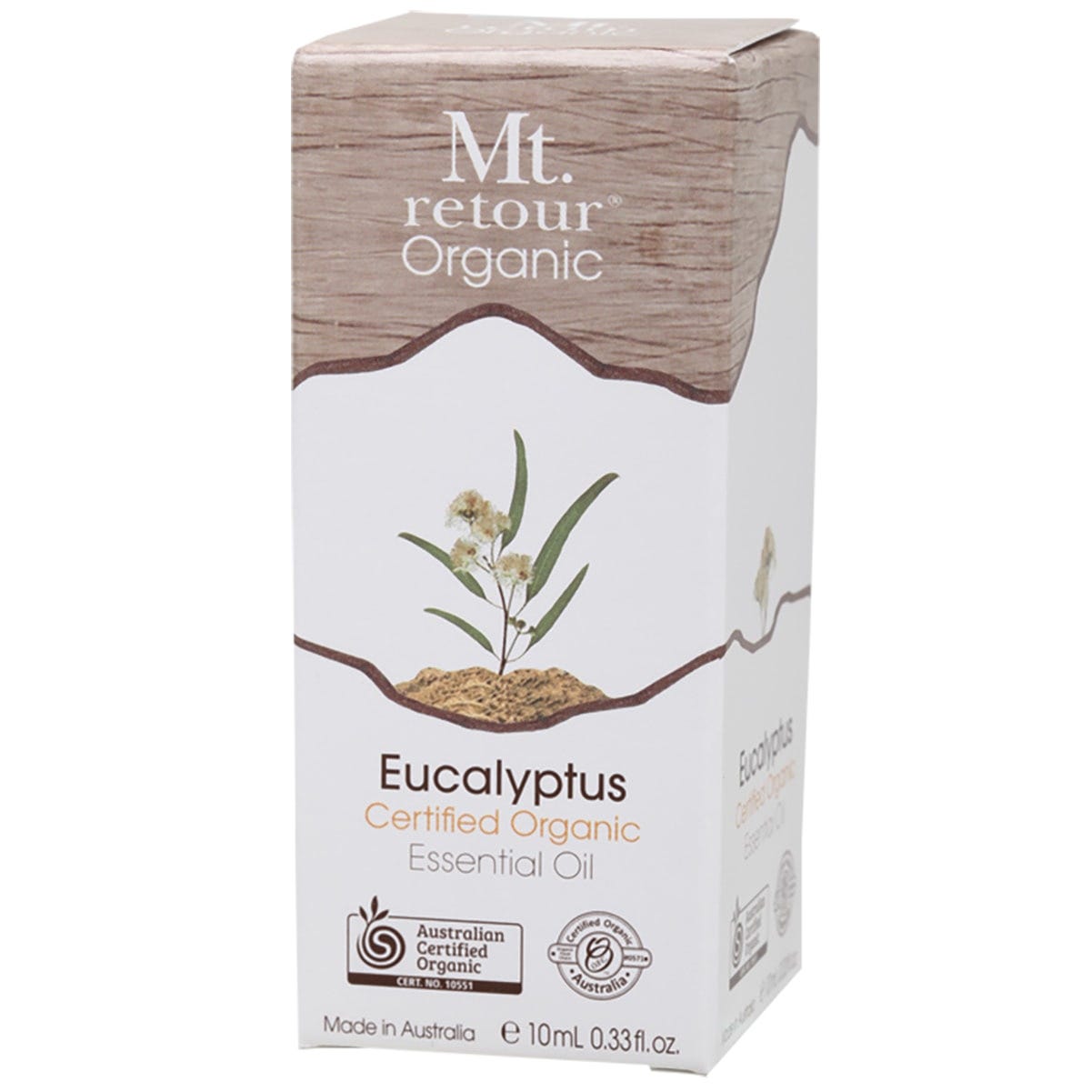 Mt Retour 10ml Eucalyptus essential oil in an amber glass bottle with a green label and botanical illustrations.