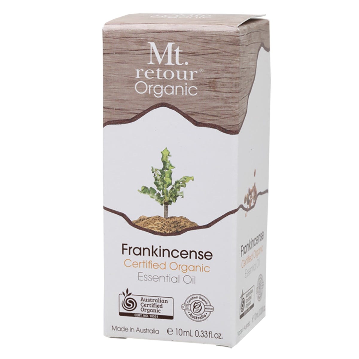10ml bottle of Mt. Retour 100% Pure Frankincense Essential Oil with a black dropper cap on a white background.
