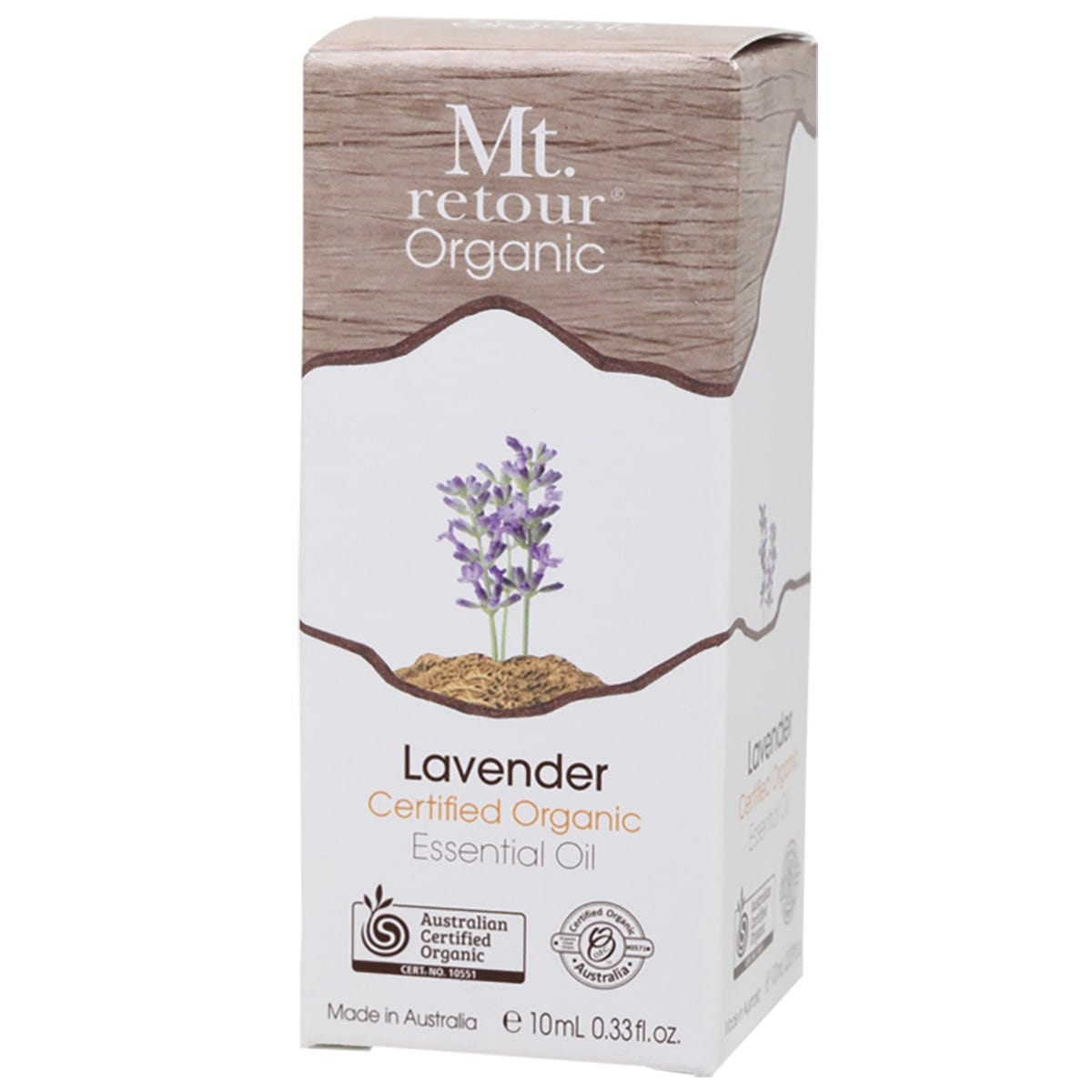 10ml bottle of Mt Retour 100% Certified Organic Lavender Essential Oil with a purple label and dropper cap.